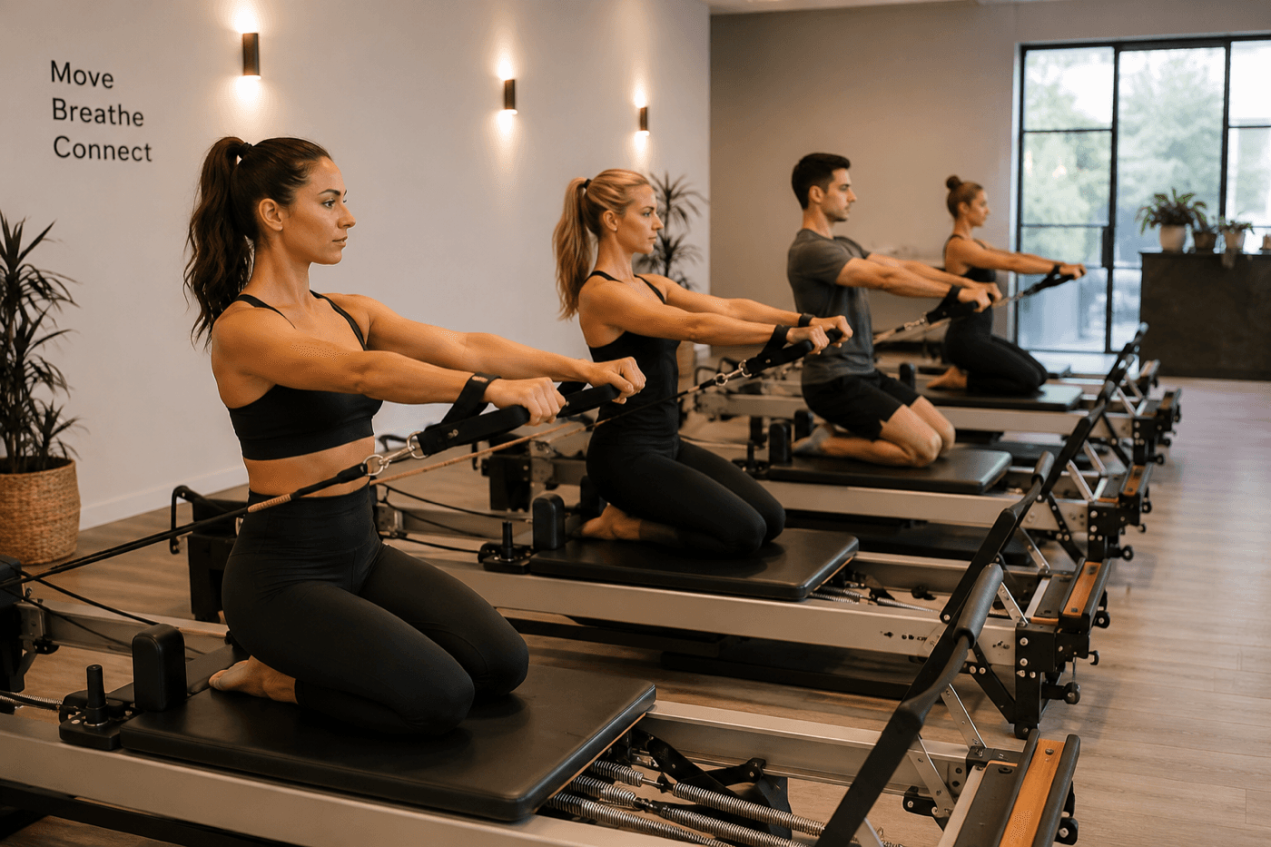 A reformer pilates class in a UK studio